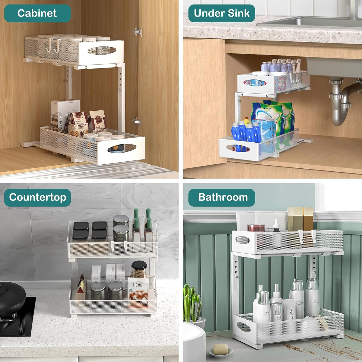 CARLA HOME 2 Tier Under Sink Organizer Pull Out Sliding Cabinet Storage Shelf with Height Adjustable for Kitchen, Bathroom or Laundry Room (White)
