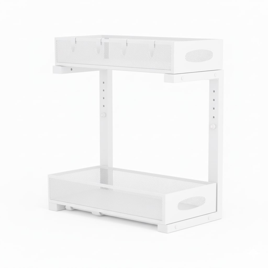 CARLA HOME 2 Tier Under Sink Organizer Pull Out Sliding Cabinet Storage Shelf with Height Adjustable for Kitchen, Bathroom or Laundry Room (White)