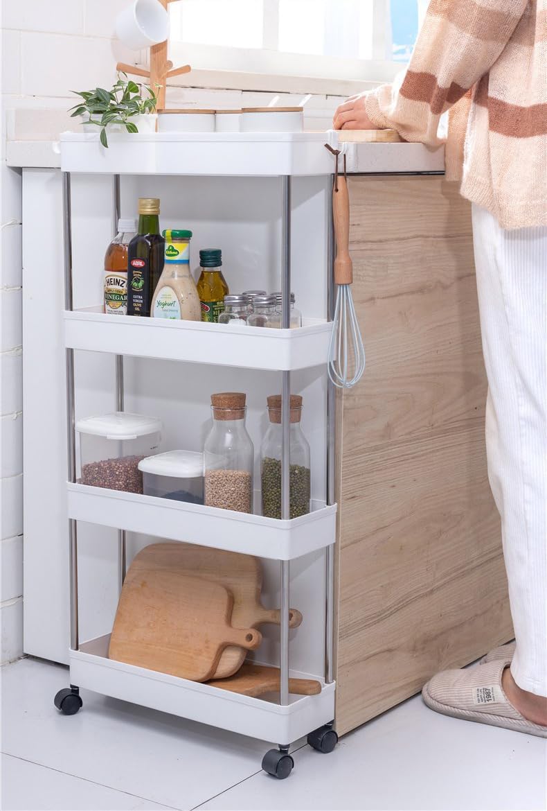 CARLA HOME Slim Storage Cart Organizer Trolley with Wheels for Kitchen, Bathroom, Laundry & Narrow Spaces (4 tier)