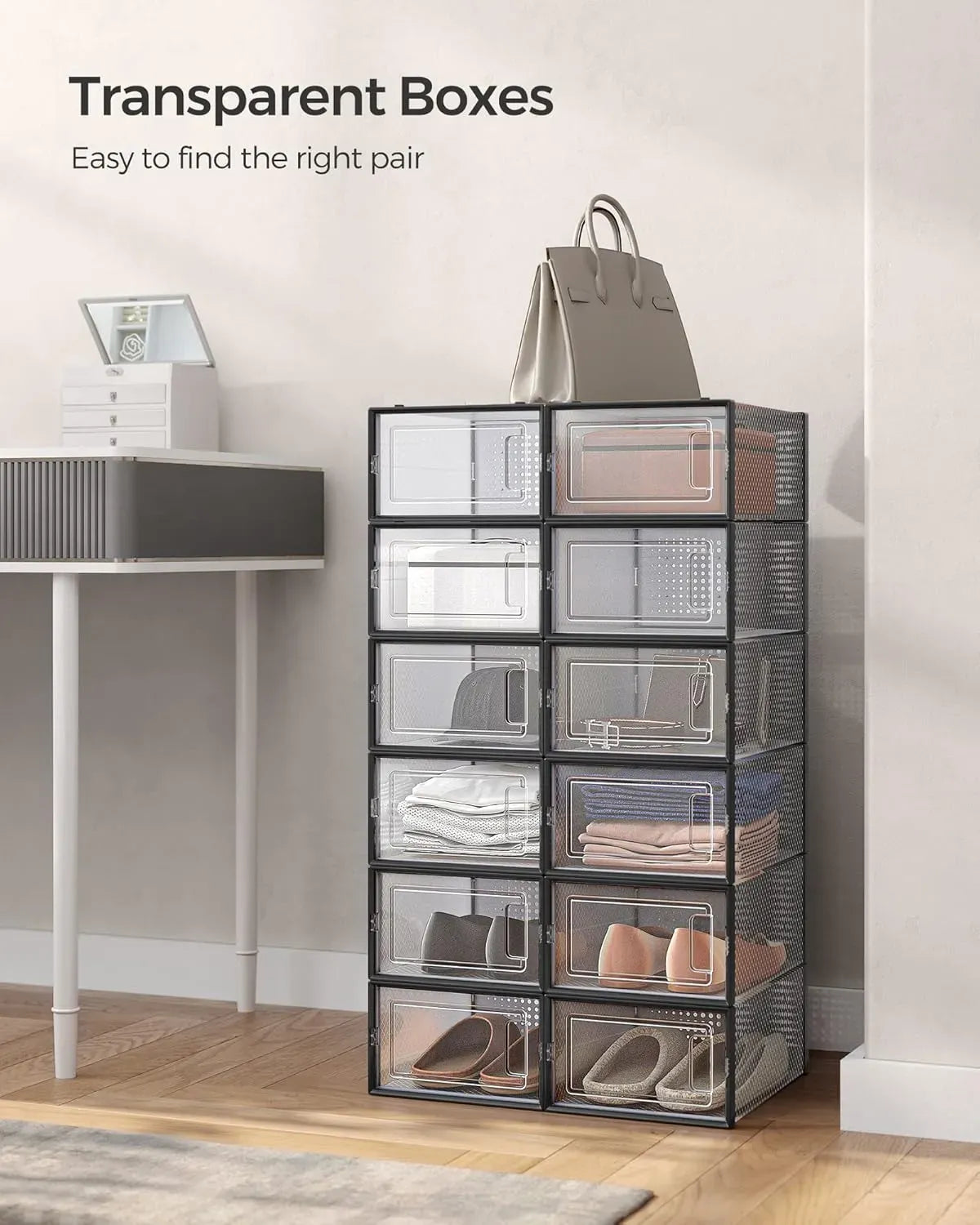CARLA HOME 12-Pack Clear Shoe Storage Boxes - Stackable - Black - Shoe Box Storage
