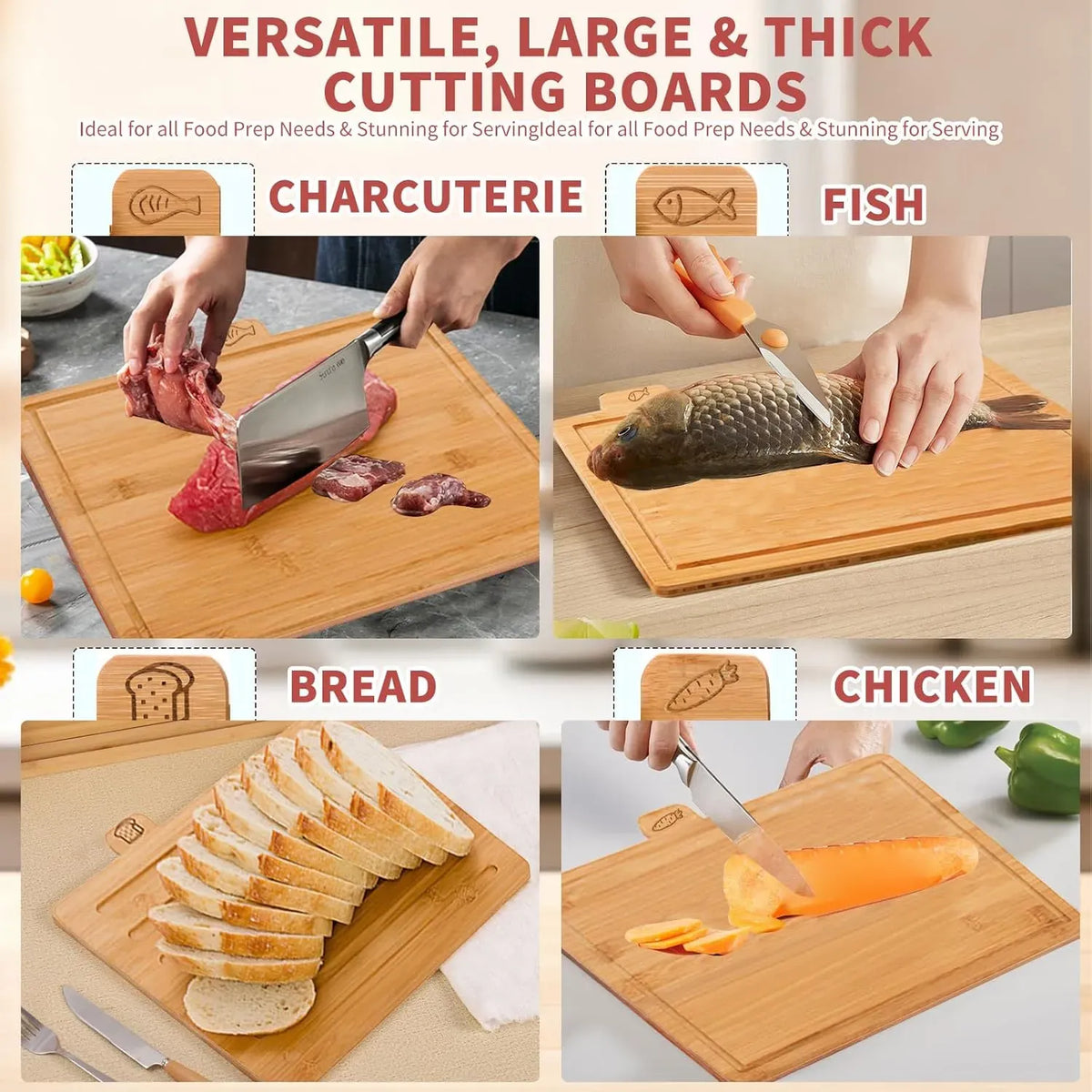 CARLA HOME Bamboo Cutting Board Set with Stand, 4 Pieces for Kitchen