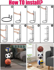 CARLA HOME 4 Tier Ball Storage Rack - Vertical Metal Stand - Black - Basketball Hoop