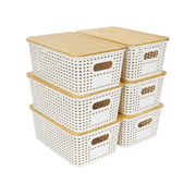 CARLA HOME Storage Bins with Bamboo Lids - 6 Pack - White - Plastic - Storage Bins 6 Pcs