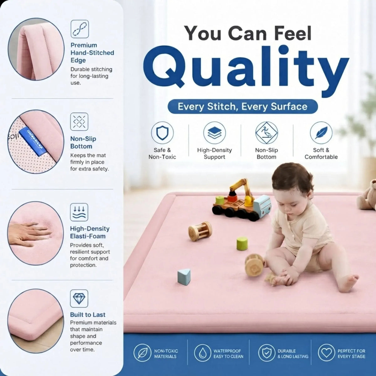CARLA HOME Baby Play Mat 100x150cm, Thick Foam Crawling Mat, Infants, Pink