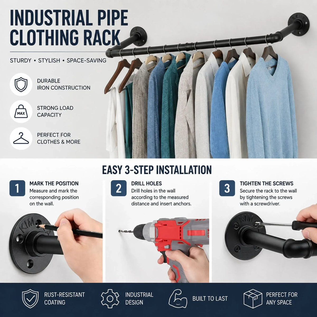 CARLA HOME Industrial Pipe Wall Clothes Rack, 92cm Bar Garment Rack