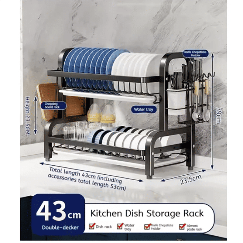 Compact 2-Tier Dish Drying Rack with Drainboard
