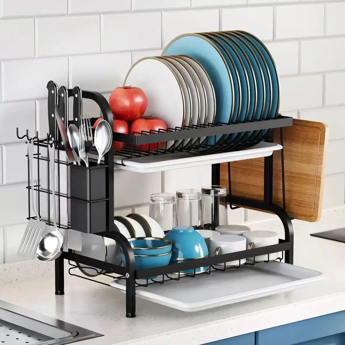 Compact 2-Tier Dish Drying Rack with Drainboard
