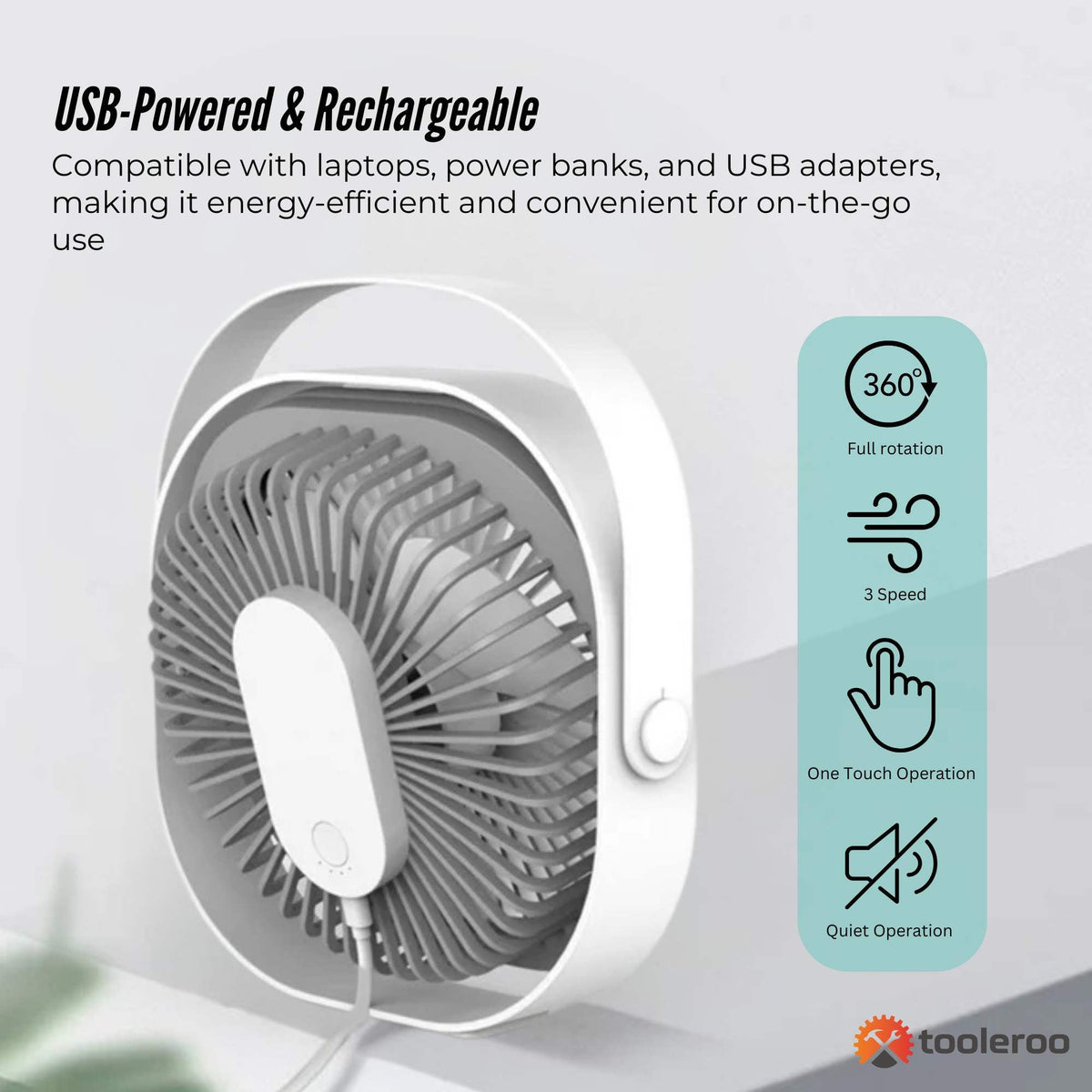 3-Speed USB 20cm Desktop Fan - Quiet Portable Lightweight Rechargeable Cooler