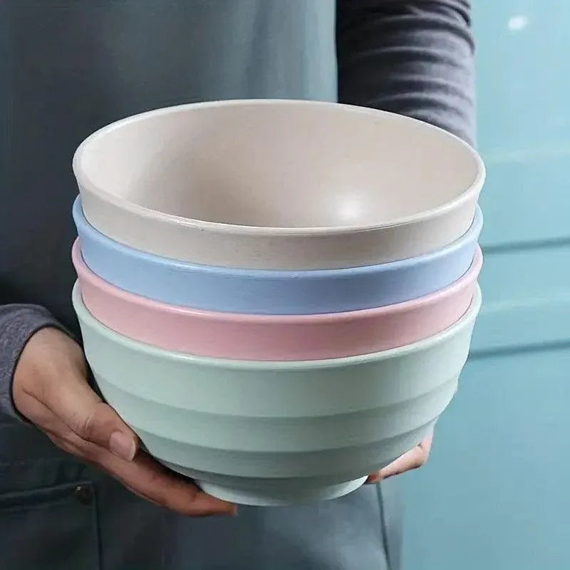 4pcs Wheat Straw Rice Bowl Round Noodle Bowl Drop Proof Kitchen Tableware Set