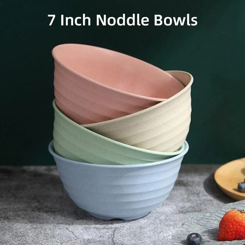 4pcs Wheat Straw Rice Bowl Round Noodle Bowl Drop Proof Kitchen Tableware Set