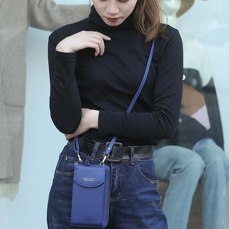 Women Pouch Bag Mobile Phone Bag Pu Leather Crossbody Purse Wallet Shoulder Bag - Light Blue