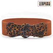 Faux Leather Cinch Waist Belt with Buckle for Women Stretch Wide Elastic Dress Belt - Leopard