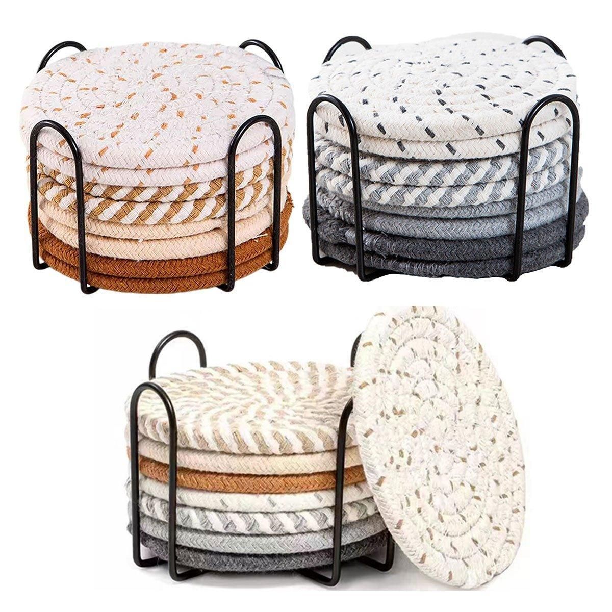 8PCS Round Cotton Woven Coaster Heat Resistant Thick Insulation Dining Table Mat - Mixed