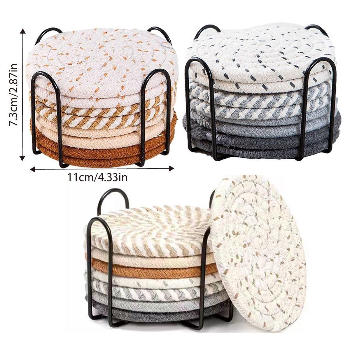 8PCS Round Cotton Woven Coaster Heat Resistant Thick Insulation Dining Table Mat - Mixed