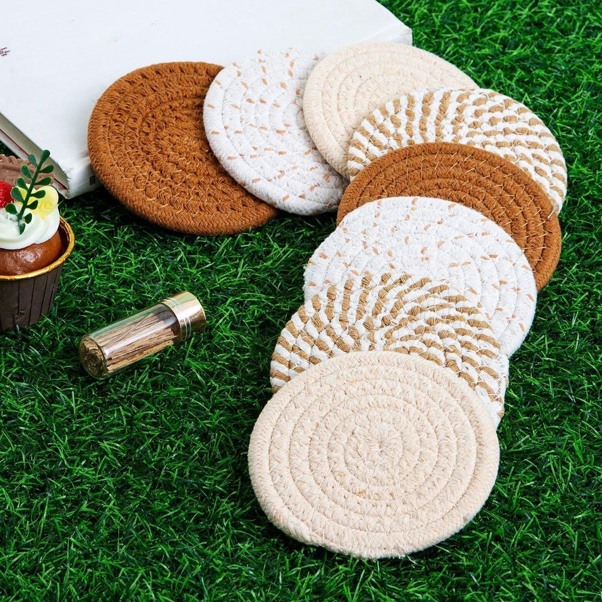 8PCS Round Cotton Woven Coaster Heat Resistant Thick Insulation Dining Table Mat - Mixed