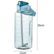 2L Water Bottle Straw Cup Motivational Drink Flask With Time Markings Sports Gym - Blue
