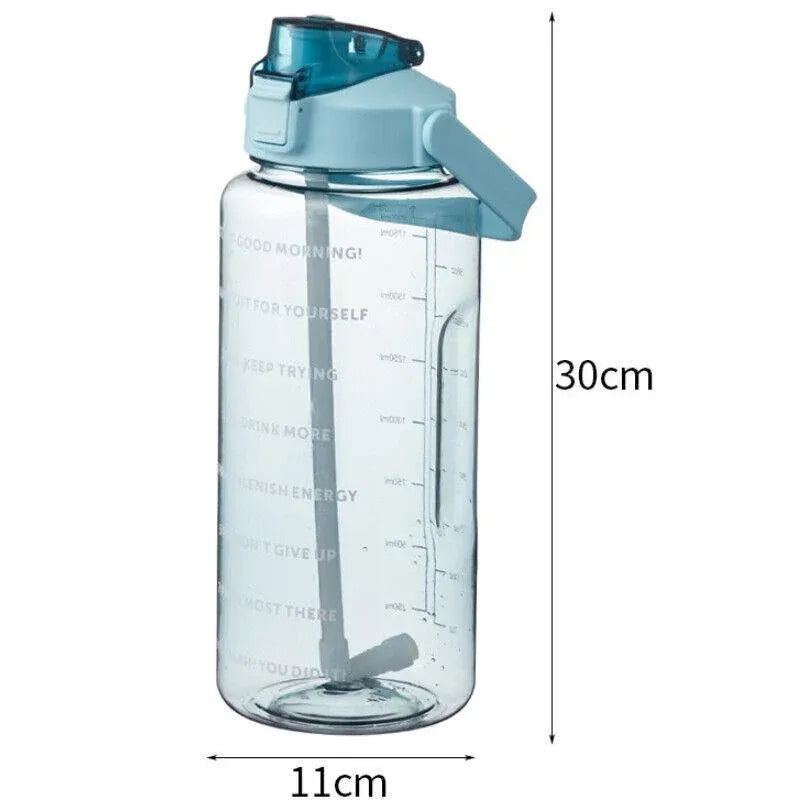 2L Water Bottle Straw Cup Motivational Drink Flask With Time Markings Sports Gym - Blue