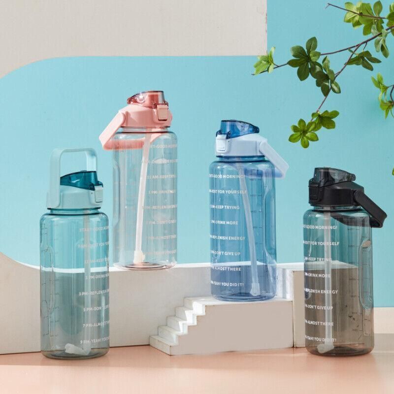2L Water Bottle Straw Cup Motivational Drink Flask With Time Markings Sports Gym - Blue