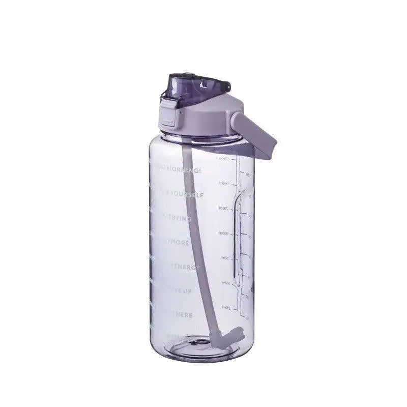 2L Water Bottle Straw Cup Motivational Drink Flask With Time Markings Sports Gym - Purple
