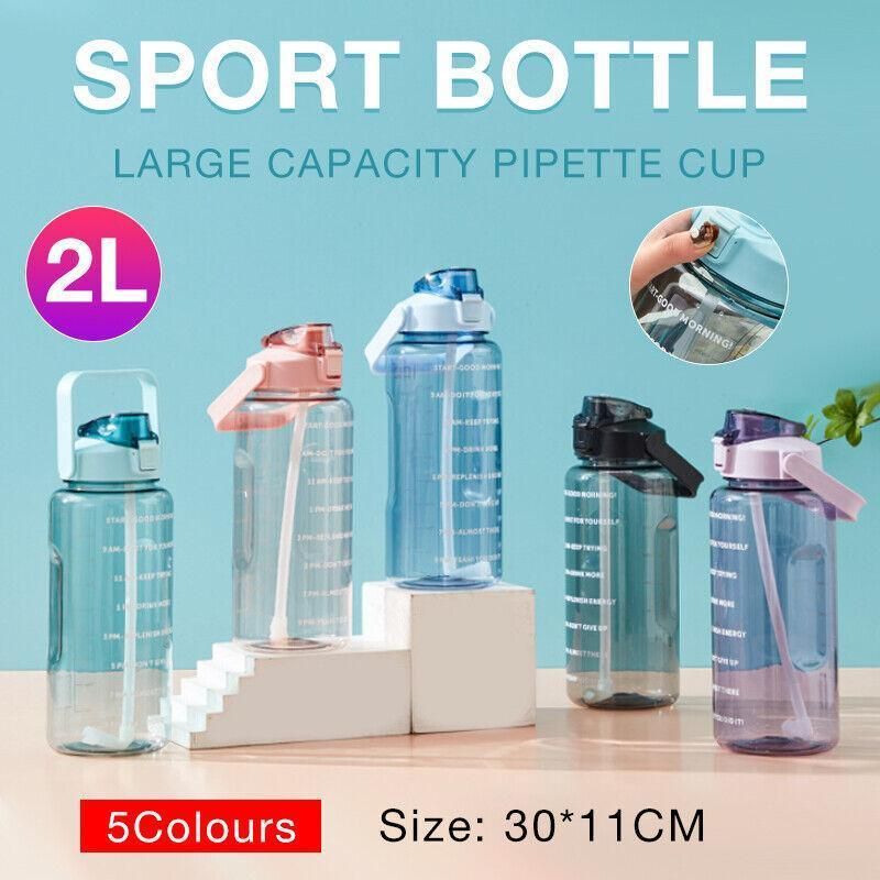 2L Water Bottle Straw Cup Motivational Drink Flask With Time Markings Sports Gym - Purple