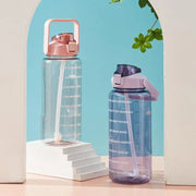 2L Water Bottle Straw Cup Motivational Drink Flask With Time Markings Sports Gym - Purple