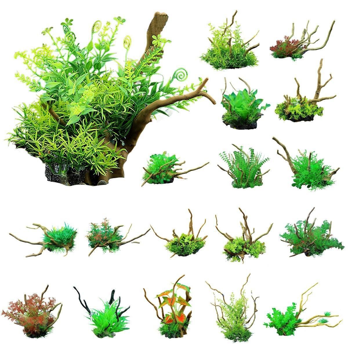 Aquarium Landscaping Decoration Artificial Wood and Plants Fish Tank Ornament - CM1901-Green