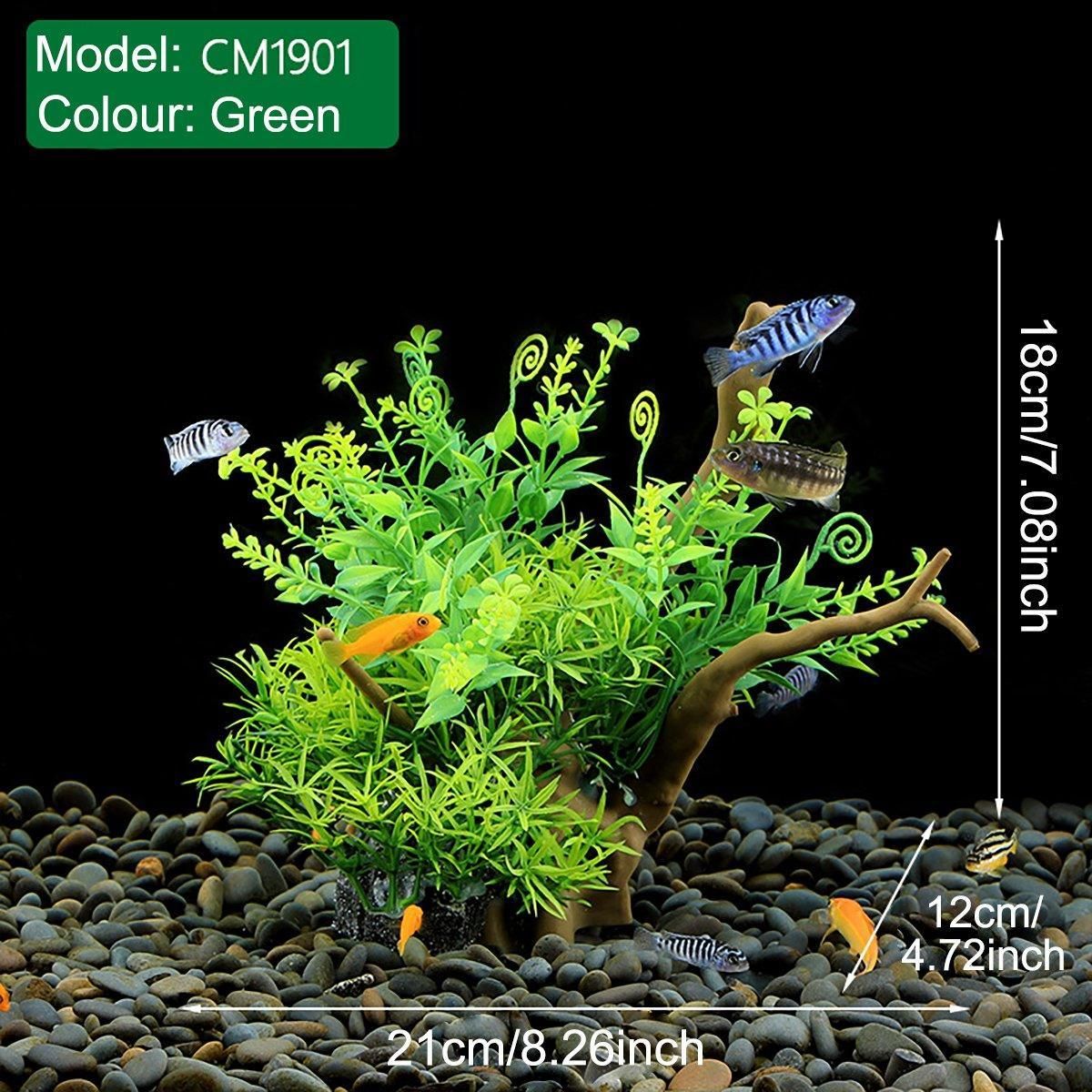 Aquarium Landscaping Decoration Artificial Wood and Plants Fish Tank Ornament - CM1901-Green