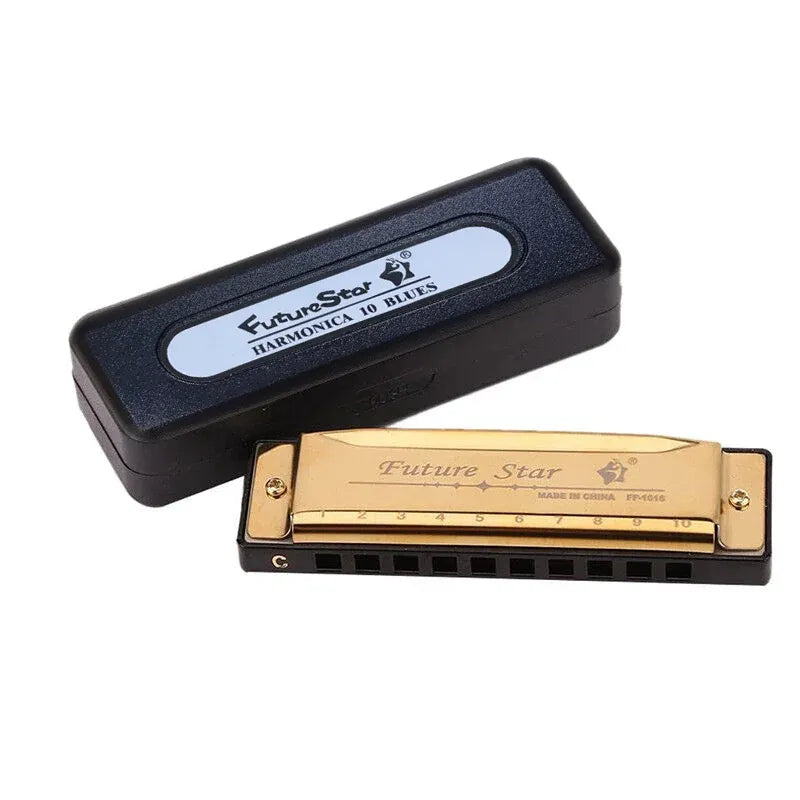 Harmonica 10 Holes Key Of C Blue Blues Harp Stainless Steel Brass - Gold