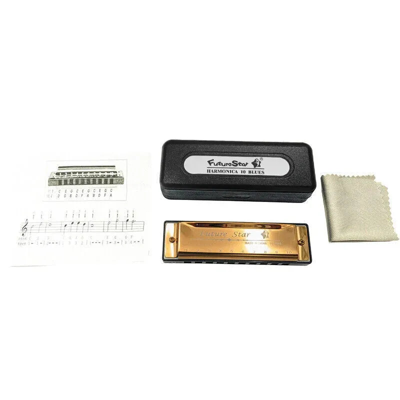 Harmonica 10 Holes Key Of C Blue Blues Harp Stainless Steel Brass - Gold