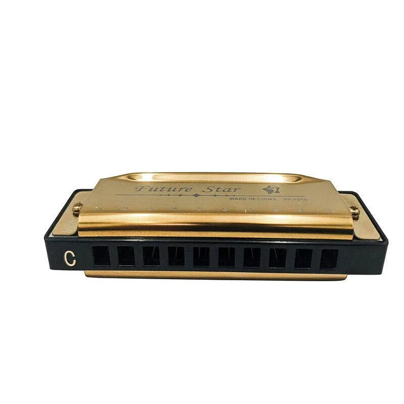 Harmonica 10 Holes Key Of C Blue Blues Harp Stainless Steel Brass - Gold