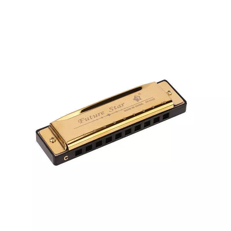 Harmonica 10 Holes Key Of C Blue Blues Harp Stainless Steel Brass - Gold