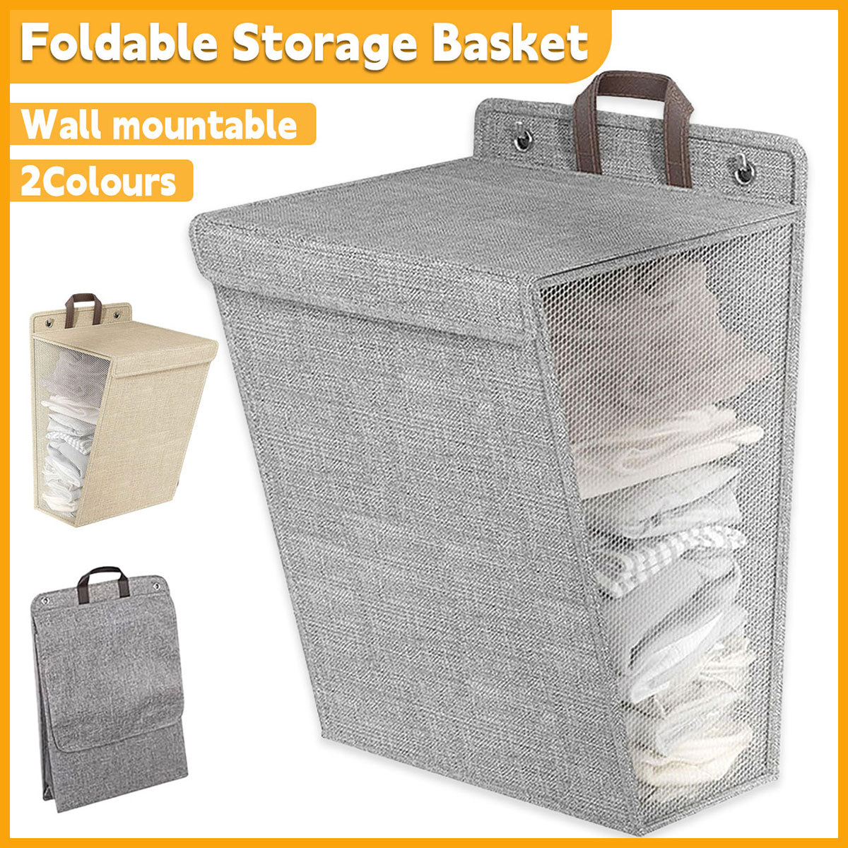 Foldable Laundry Basket Wall Mounted Clothes Storage Basket Household Organizer - Beige