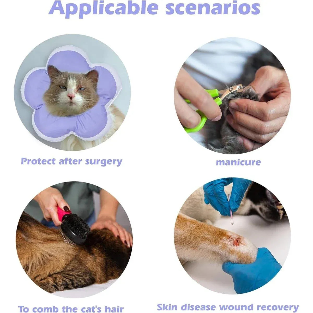 Elizabethan Cat Recovery Collar Anti Licking Pet Cone Protective Neck Ring - Purple-M