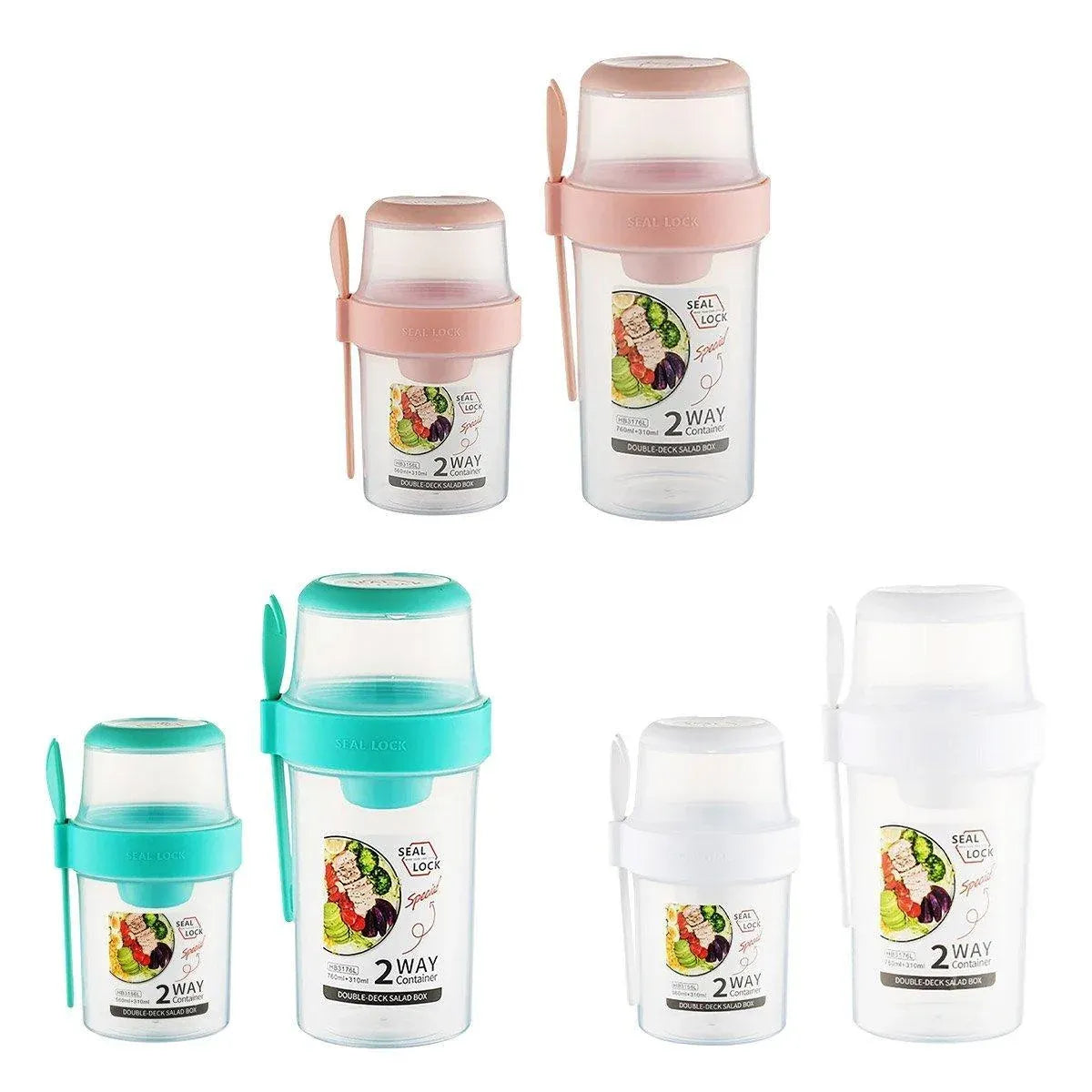 Double Plastic Salad Cup with Fork Sealed Breakfast Container for On-the-Go Meal - 560ml-White