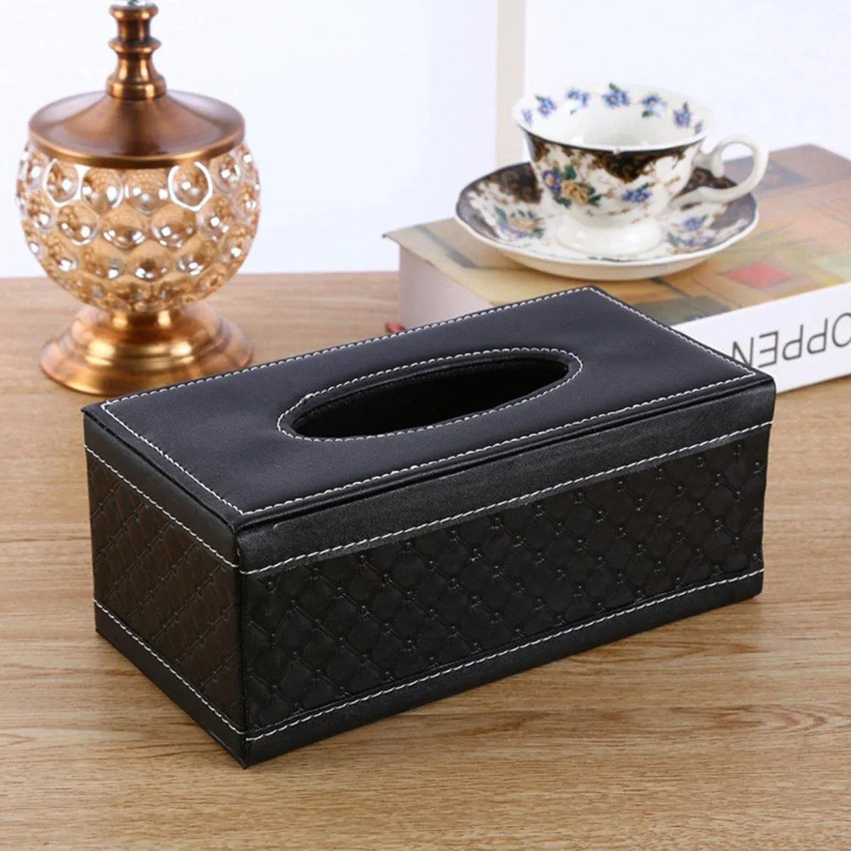 High-End PU Leather Tissue Box Holder for Hotel Home Office Decor Elegant Design - Black Woven Pattern