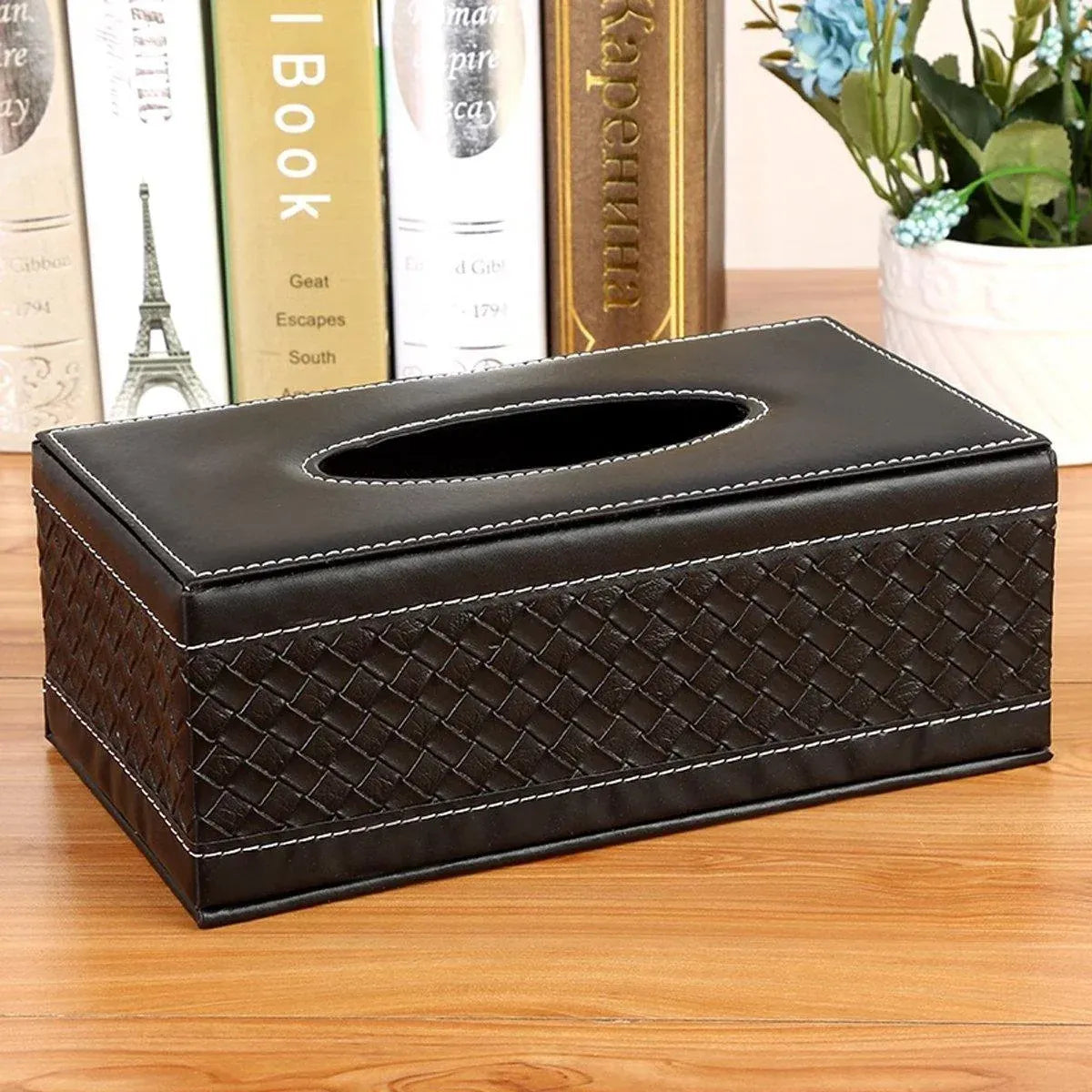 High-End PU Leather Tissue Box Holder for Hotel Home Office Decor Elegant Design - Black Woven Pattern