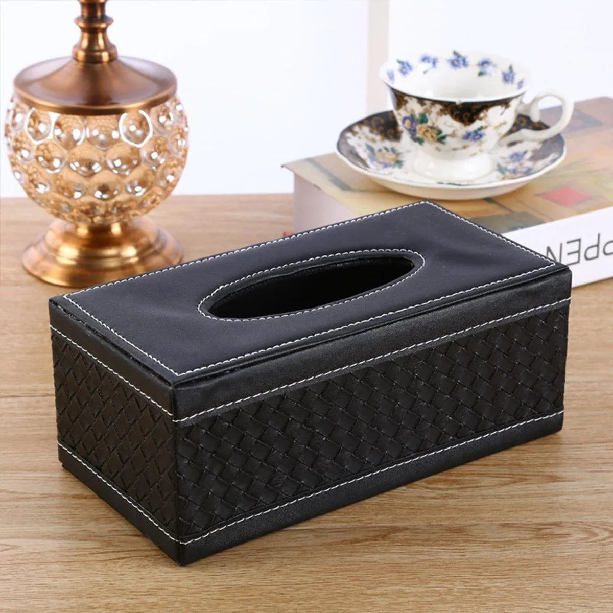 High-End PU Leather Tissue Box Holder for Hotel Home Office Decor Elegant Design - Black Woven Pattern