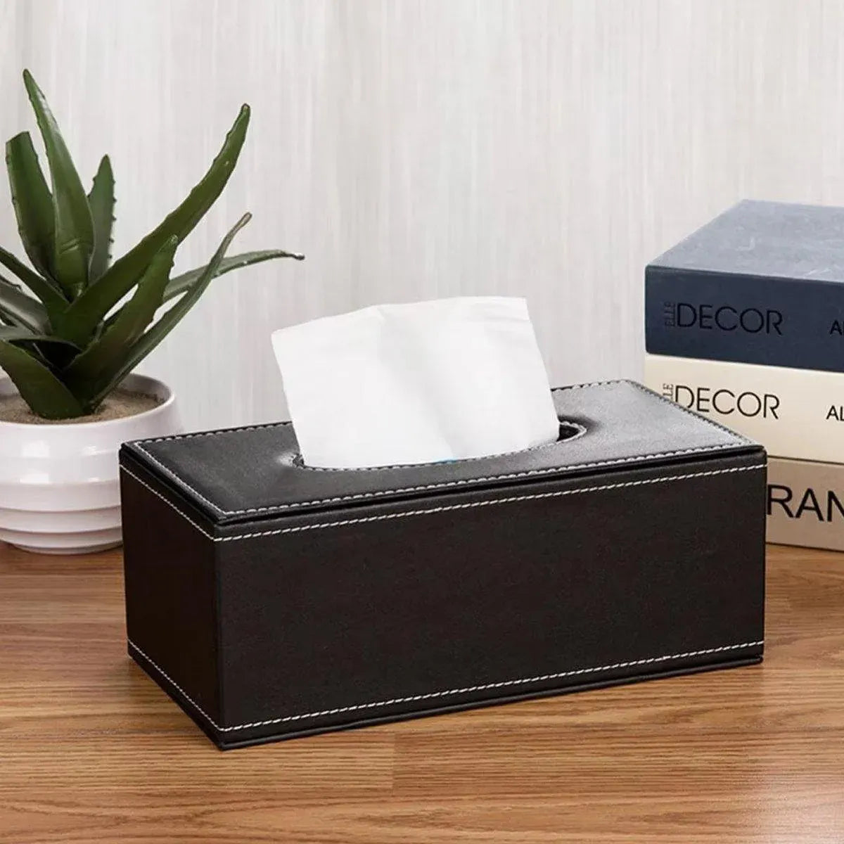 High-End PU Leather Tissue Box Holder for Hotel Home Office Decor Elegant Design - Black Woven Pattern