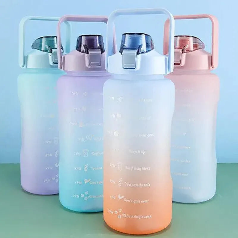 2L Large Water Bottle Straw Time Gradient Cup Fitness Jugs Sport Gym Training - Pink