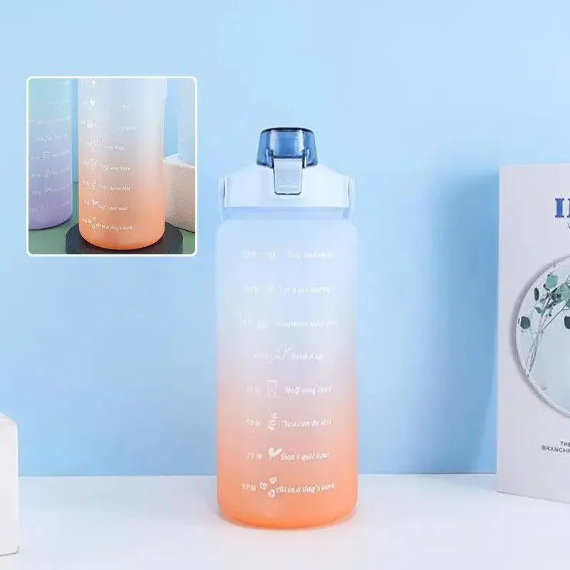 2L Large Water Bottle Straw Time Gradient Cup Fitness Jugs Sport Gym Training - Pink