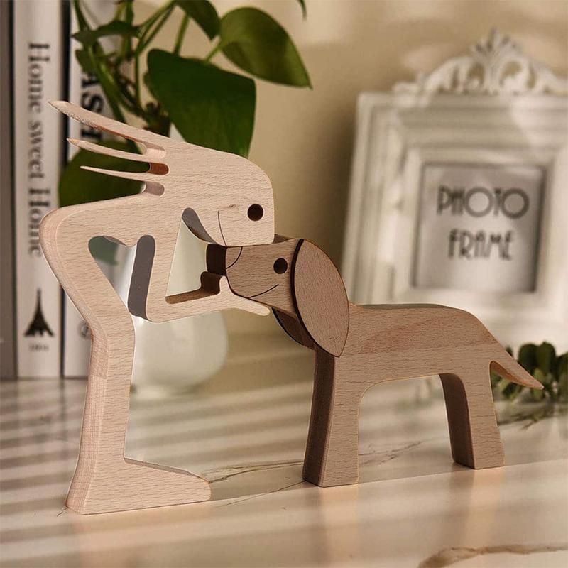 Handmade Wooden Statue Sitting Family and Dog Craft Home Decor - B01