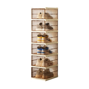Transparent Brown 6-Layer Foldable Shoe Storage Tower with Transparent Display Panel & Back Ventilation - One-Pull Instant Setup Stackable Box (25.5x34.5x105CM)
