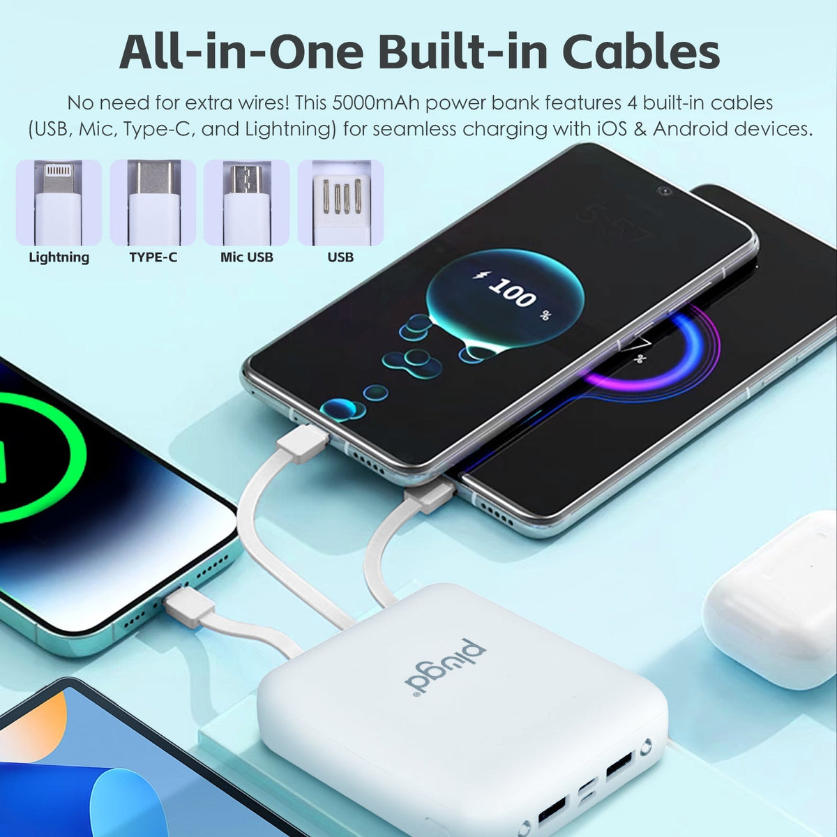 5000mAh Fast Charge Power Bank with 4 Built-in Cables and LED Lights