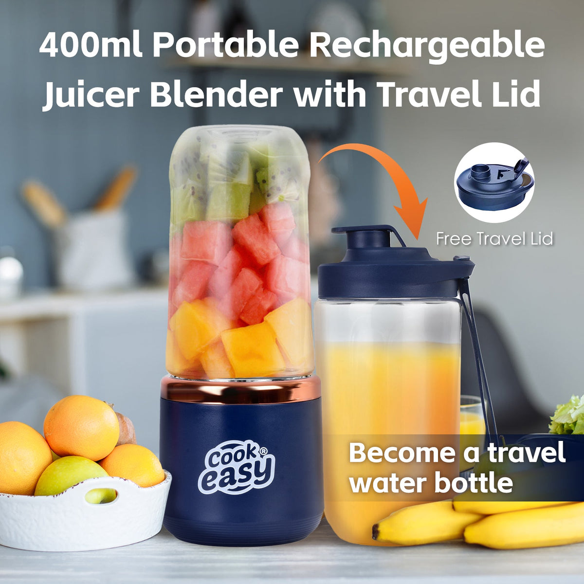 400ml USB-C Rechargeable Portable Juicer with Travel Lid – Personal Blender for Smoothies & Shakes
