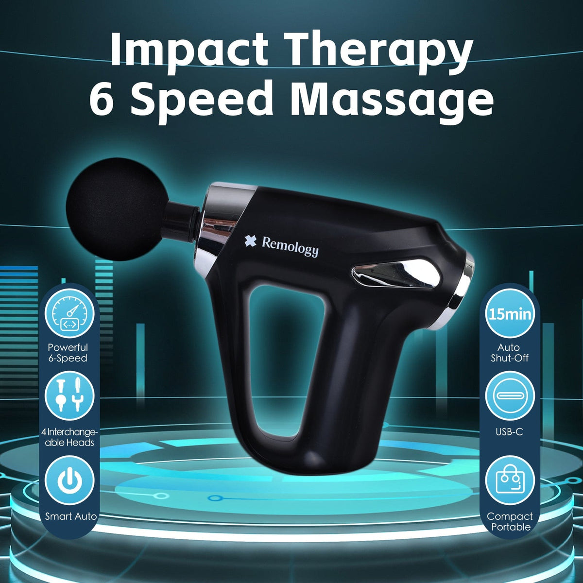 Remology Impact Therapy 6 Adaptive Speed USB-C Massage Gun with 4 Heads